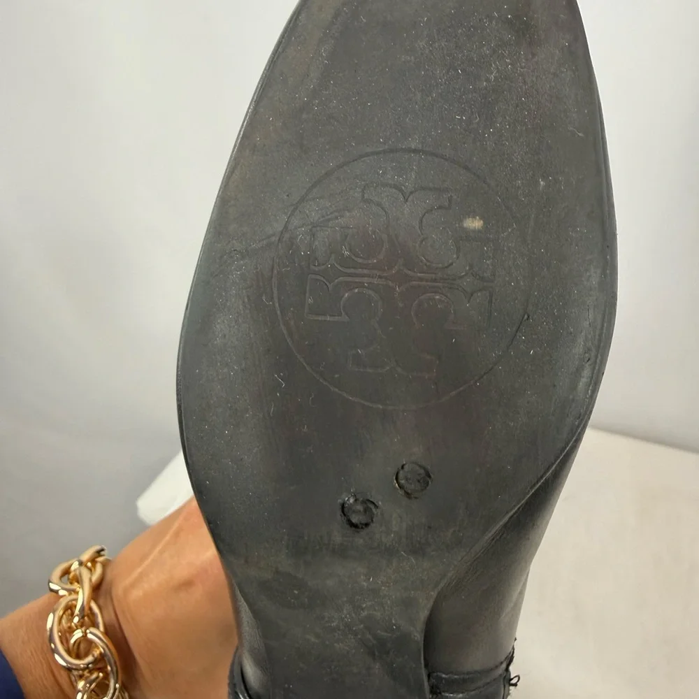 Vintage Y2K Tory Burch Leather Gold Logo Knee High Heeled Boots in Black Size‎ 7